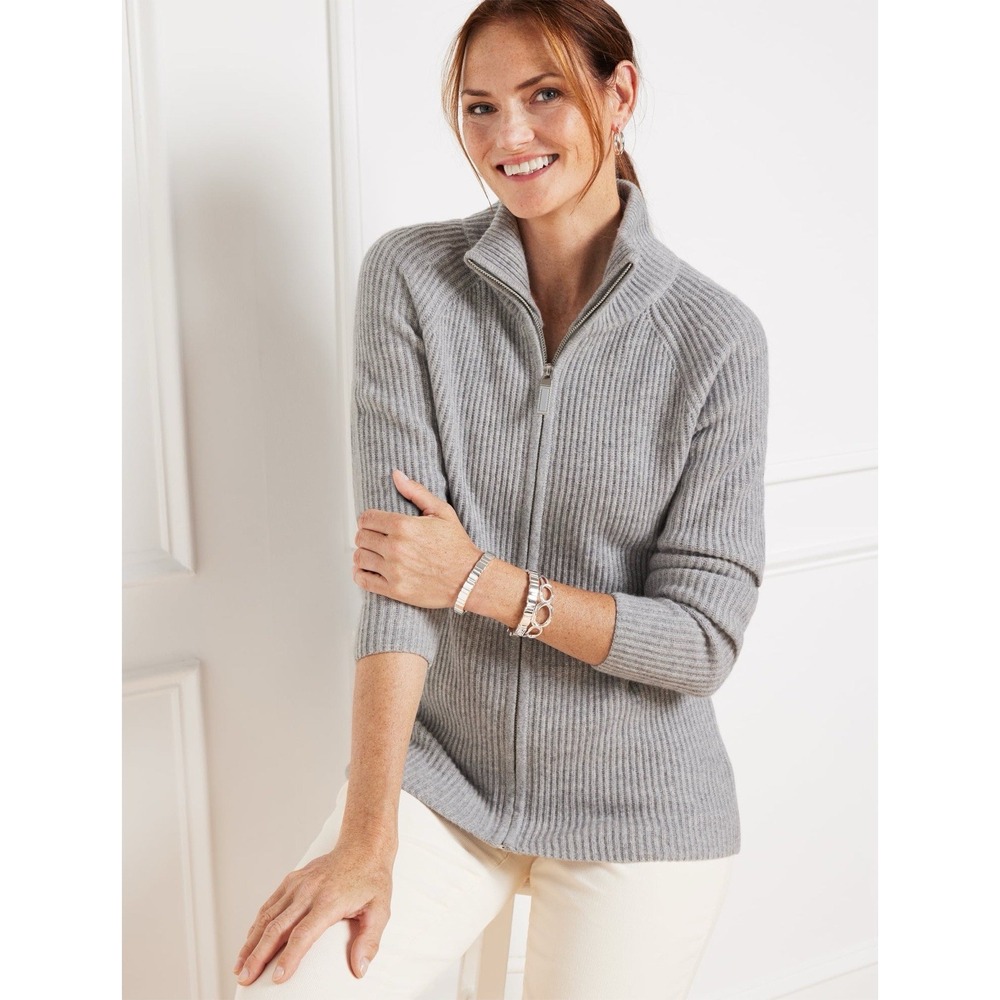 Talbots Pure Cashmere Full Zip Sweater Womens XL Gray Quiet Luxury